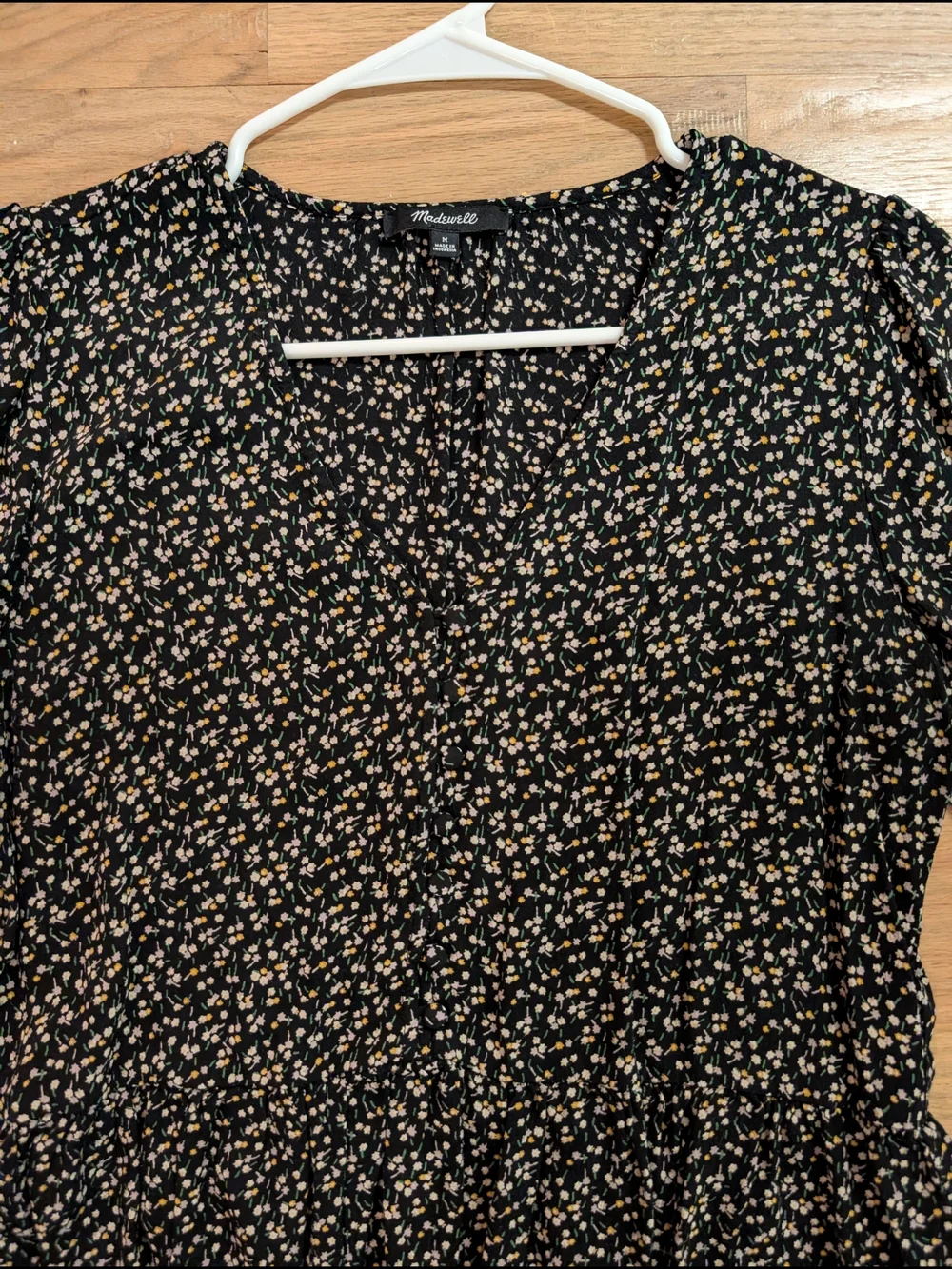 Madewell Black Floral Puff Sleeve Peplum Top Size M